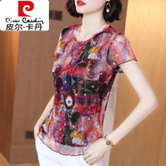 皮爾卡丹（pierre cardin）印花雪紡衫女彈力網(wǎng)紗冰絲透氣t恤夏圓領(lǐng)短袖修身仿打底衫女隨性 8818 T1601 3XL 130-140斤