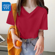 真維斯（JEANSWEST）正肩v領(lǐng)t恤2025新款爆款夏季oversize寬松半袖體恤衫純棉短袖上衣 酒紅 純色 M