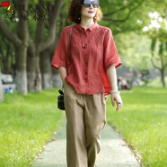 啄木鳥媽媽套裝50歲洋氣衣服女裝苧麻40歲中年女裝夏時(shí)尚洋氣母親節(jié)禮物 紅色上衣+卡其色褲子 XL 125-140斤左右