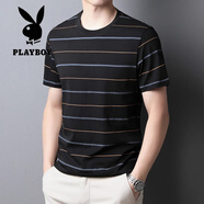花花公子（PLAYBOY）高檔純棉短袖t恤男圓領(lǐng)絲光棉寬松全棉半袖男士薄款條紋T恤體恤男 黑色 GK/3233/N 2XL 180
