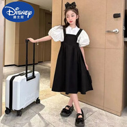 迪士尼（Disney）女童背帶裙套裝夏裝2025新款中大童公主風(fēng)泡泡袖襯衫大裙擺連衣裙 黑色套裝【高品質(zhì)】 160
