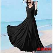 咚憬大擺裙五分袖純色V領(lǐng)中長(cháng)款雪紡連衣裙過(guò)膝度假沙灘裙大碼長(cháng)裙 黑色長(cháng)袖 M