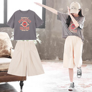 藍貝妮童裝女童套裝2025夏季新款闊腿褲兒童衣服大童女裝9-12歲女孩夏裝 灰色圖標 120 碼建議身高110CM