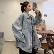 以純 YISHION感韓版毛邊破洞牛仔外套女新款寬松大碼胖mm顯瘦復古夾克上衣 淺藍色 0279 S 【 80-100斤】
