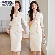 伊雅露莎職業(yè)套裝女正裝中長裙甜美西服套裙春夏中袖高端肌理感通勤裝8967 杏色西裝+裙 L