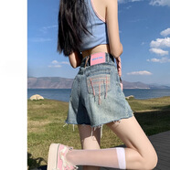 S.SOFEA高腰毛邊牛仔短褲顯瘦復古a字熱褲夏季大碼 藍色 高質(zhì)量版 S 建議 88-100斤