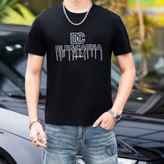 V-MENVMEN男士修身潮牌體恤休閑上衣夏季印花新款潮流男裝圓領(lǐng)短袖T恤 黑色 S