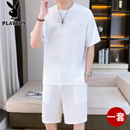 花花公子（PLAYBOY）夏季冰絲套裝男2025年新款潮流休閑寬松帥氣男款夏裝短袖T恤一套 白色 M 【85-105斤】
