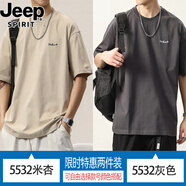 JEEP SPIRIT吉普短袖t恤男士夏季冰絲美式寬松休閑上衣潮牌圓領(lǐng)復(fù)古體恤男 5532米杏+5532灰色 3XL （36-37碼）體重165-180斤