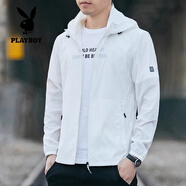 花花公子（PLAYBOY）防曬衣男冰感外套防曬服男透氣冰絲皮膚衣連帽可卸帽大碼風(fēng)衣 CK-2297-白色 可脫卸帽 4XL (170-185斤)