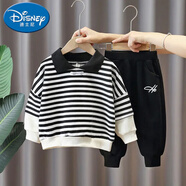 迪士尼（Disney）春秋季男童套裝秋裝中小童條紋假兩件衛(wèi)衣休閑褲洋氣運動服兩件套 黑色 90 cm