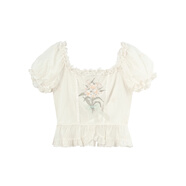 森女部落原創(chuàng  )田園法式甜美氣質(zhì)百合花印花半身裙蕾絲花邊中長(cháng)裙夏 襯衫（單件） L