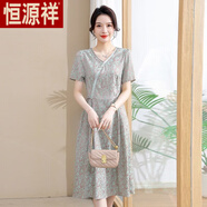 恒源祥（HYX）中年碎花短袖連衣裙女2025夏裝新款老年貴太太時(shí)尚洋氣系帶連身裙 粉綠 4XL