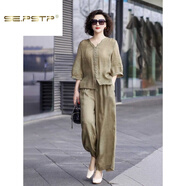 夏典素訂女王（SE.PSTP）春夏季套裝苧麻小衫闊腿直筒褲女文藝復古寬松休閑兩件套 淺綠【歐貨/炸街//炸街/垂墜感/ M 【建議85-100斤】