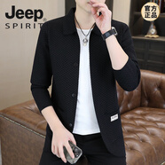 JEEP SPIRIT針織衫外套男士春秋季新款翻領(lǐng)韓版休閑薄款開衫毛衣夾克男潮 黑色 M 90-105斤