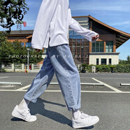 百鵲亭牛仔褲男寬松直筒夏季百搭老爹褲子男闊腿牛仔褲寬松直筒九分褲 淺藍(lán)色 XL