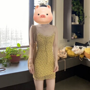 渝鼎福法式碎花吊帶連衣短裙子女士夏季純欲收腰包臀修身顯瘦小個子無袖 黃色碎花吊帶連衣裙 S 【80-90斤】