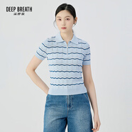 深呼吸DEEP BREATH女裝復(fù)古拉鏈Polo領(lǐng)拼色條紋天絲針織衫女A301201 藍白條 L (4)