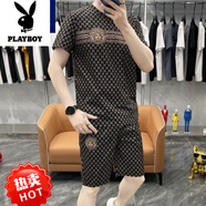 花花公子（PLAYBOY）歐洲站2025新款夏季潮牌休閑印花T恤薄款短袖短褲套裝男士?jī)杉?黑色 2XL 建議150-170斤