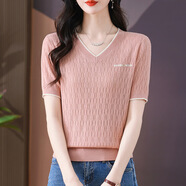 歌米拉（Gemila）薄款冰絲短袖T恤女2025新款夏裝潮流鏤空寬松遮肚顯瘦針織衫上衣 粉色 9113 XL 【建議120-130斤】