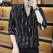 JEEP SPIRIT吉普秋季薄款七分袖t恤男短袖痞帥V領(lǐng)上衣潮牌翻領(lǐng)Polo衫冰絲體恤 05黑細(xì)條 L