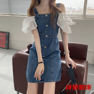 咚憬雪紡拼接牛仔背帶裙女夏季年韓版新款單排扣短裙吊帶連衣裙潮 深藍色 M