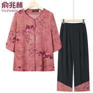 俞兆林（YUZHAOLIN）中老年女裝媽媽裝老年人夏裝奶奶短袖套裝夏季唐裝襯衣兩件套衣服 中袖/紅色(套裝) XL (建議80-100斤)