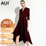 AUI 連衣裙女歐洲站2022秋季新款女裝氣質(zhì)時尚中長款長袖百褶裙子 酒紅色 S