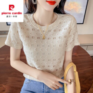皮爾卡丹短袖t恤女短款2025夏季新款韓版修身圓領(lǐng)半袖夏裝蕾絲衫上衣 杏色 8706 S (建議80-90斤)