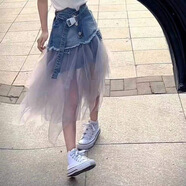 冠貿裴女童半身裙夏裝2025夏季兒童無(wú)袖背心時(shí)髦網(wǎng)紗拼接牛仔裙韓版 牛仔紗裙 均碼 120