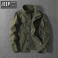 JEEP SPIRIT歐美水洗做舊硬漢重磅工裝軍旅風(fēng)立領(lǐng)夾克大碼休閑迷彩外套男 軍綠色 268 S
