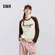 森馬長(cháng)袖T恤女中長(cháng)款印花插肩袖拼色春裝趣味寬松圖案打底衫小眾 白咖色調00315 2XL