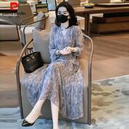 皮爾卡丹高級(jí)感氣質(zhì)印花連衣裙女2025夏季新款時(shí)尚法式遮肚顯瘦長(zhǎng)款雪紡裙 紫灰色 XL 【建議135-150斤】