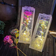 新款七彩炫光玫瑰花束仿真永生花裝飾擺件拍照道具生日禮物送女友 【精美禮盒裝】彩金色 1支