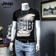 JEEP SPIRIT吉普2025絲光棉短袖T恤男夏季潮流時(shí)尚印花字母V修身圓領(lǐng)半袖上衣 黑色【DOU】 M 【100斤以內(nèi)】