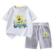 G.duck海綿寶寶衣服男女童夏季套裝2023新款兒童純棉短袖短褲休閑兩件套 白色T恤+灰色五分褲 90