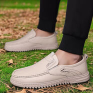 澳倫春夏透氣真皮軟底休閑皮鞋頭層牛皮男鞋百搭一腳蹬懶人豆豆鞋 米白色A8056 38