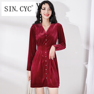 SIN.CYC女裝金絲絨連衣裙中長(cháng)款長(cháng)袖秋裝女小個(gè)子v領(lǐng)法式復古顯瘦泡泡袖 紅色 M