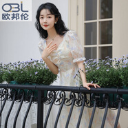 歐邦倫女裝2025新款夏甜美氣質(zhì)別致大碼胖mm荷葉邊泡泡袖雪紡碎花連衣裙 藍色繡花【高品質(zhì)】 M 【90-100斤左右】