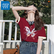 真維斯（Jeanswest）潮牌純棉短袖女夏季2026年新款設計感小眾拼接上衣撞色潮流t恤女 酒紅 淡彩蝴蝶 2XL