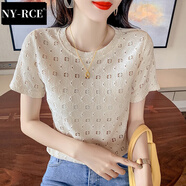NY-RCE短袖T恤女短款夏季新款韓版修身圓領(lǐng)半袖體恤蕾絲夏裝上衣 杏色 8706 L (建議100-120斤)