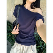 語(yǔ)森憶華夫格斜肩短袖t恤女夏季不規(guī)則百搭簡(jiǎn)約別致打底超好看絕美上衣 深藏青 S