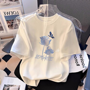 一寸相思純棉寬松短袖t恤女2025新款時(shí)尚洋氣印花白色半袖夏裝上衣體恤衫 白色-藍色玫瑰 L 推薦110-125斤
