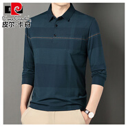 皮爾卡丹（pierre cardin）冰 絲男士長袖t恤翻領(lǐng)春秋季中年爸爸裝條紋無痕桑蠶 絲polo衫 SY685綠色 S 165 推薦90-110斤