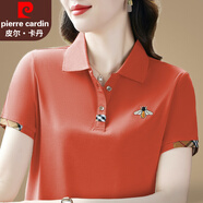 皮爾卡丹品牌冰絲短袖t恤女夏季2025新款女裝翻領(lǐng)女士polo衫寬松大碼上衣 珊瑚紅【冰絲面料】 L 【建議重98-110斤】