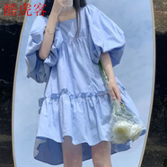 娃娃裙 韓版 寬松2022夏季寬松顯瘦小清新泡泡袖娃娃裙女學生日系甜美連衣裙潮 藍色 L