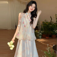 蕓玫兒（yunmeier）連衣裙2025年春夏新款裙子女粉黛流芳淺春系立體花朵掛脖新中式假 香檳粉 S
