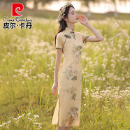 皮爾卡丹2025新款夏季改良旗袍復古中國風淑女連衣裙女中長款印花短袖裙子 圖片色 L