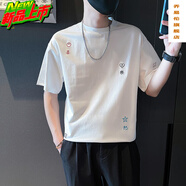 喬易倫2025新款夏季短袖t恤男潮牌刺繡寬松半袖體恤上衣潮流半截袖半袖t 白色 L