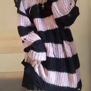 FHHUABD早秋穿搭一整套慵懶風寬松毛衣女條紋針織衫洋氣上衣搭配百褶短裙 粉色條紋毛衣+黑色百褶裙【兩 S  建議【70-85斤】